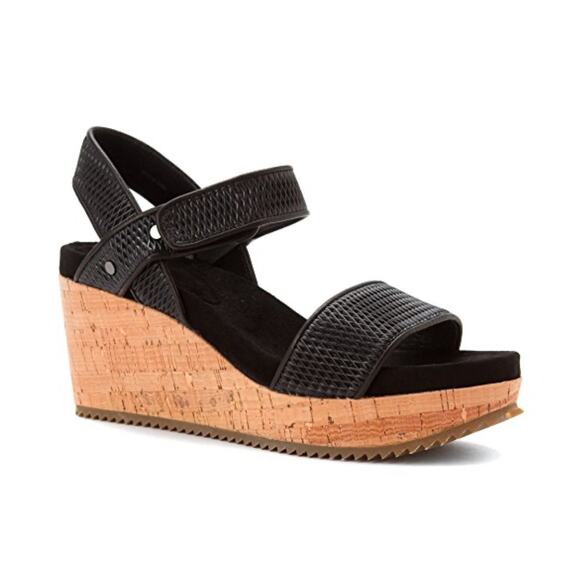 Eileen Fisher Demo Black Leather Cork Wedge Platform Sandals Easy Strap Size 8.5 - Picture 1 of 7